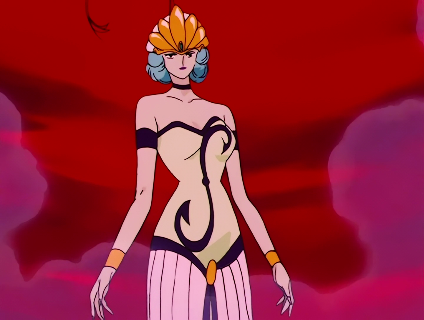 Ryuax, a Droid from Sailor Moon episode 82. She has pale skin and bluish turquoise hair. She’s wearing an ornate cloche hat with a gold crest on the front and a large feather coming out of it. Her dress is white and pink with black lining and a split at the front of the skirt. It has a pattern resembling distorted clock hands.